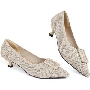 Women's Beige Kitten Heels Pumps Comfortable Knit Closed Toe Heels Casual